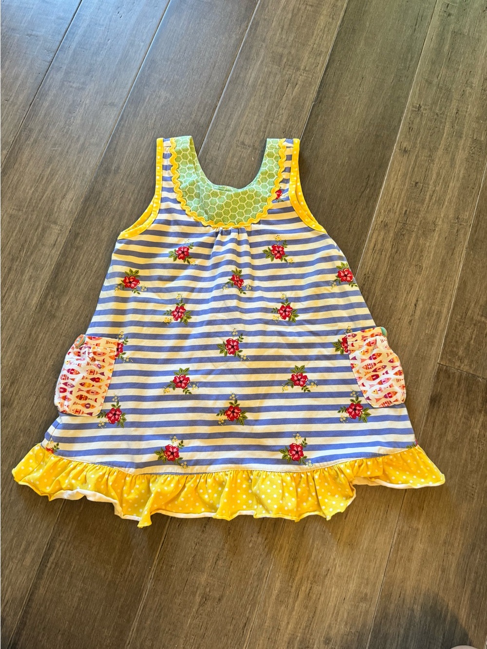 Matilda Jane Blue & White Stripe Floral Dress with Yellow Trim